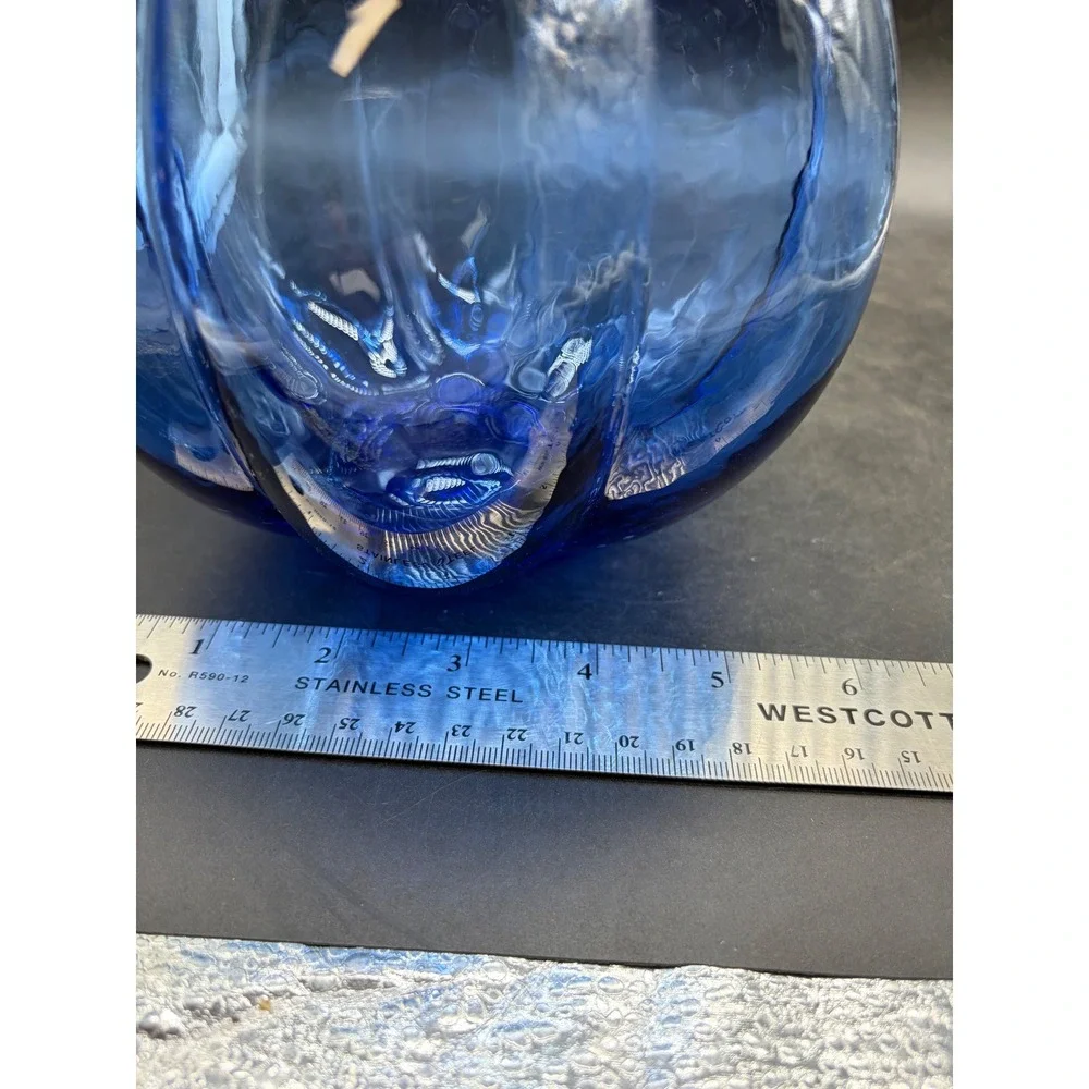 Cobalt Blue Hand Blown Glass Vase Lobed Pumpkin Shape Ruffled Rim 6 Inch